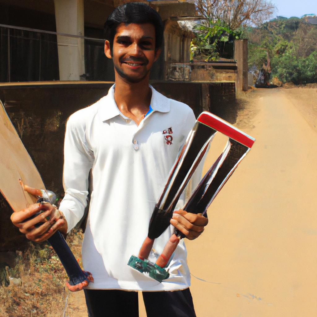 Person holding cricket equipment, smiling