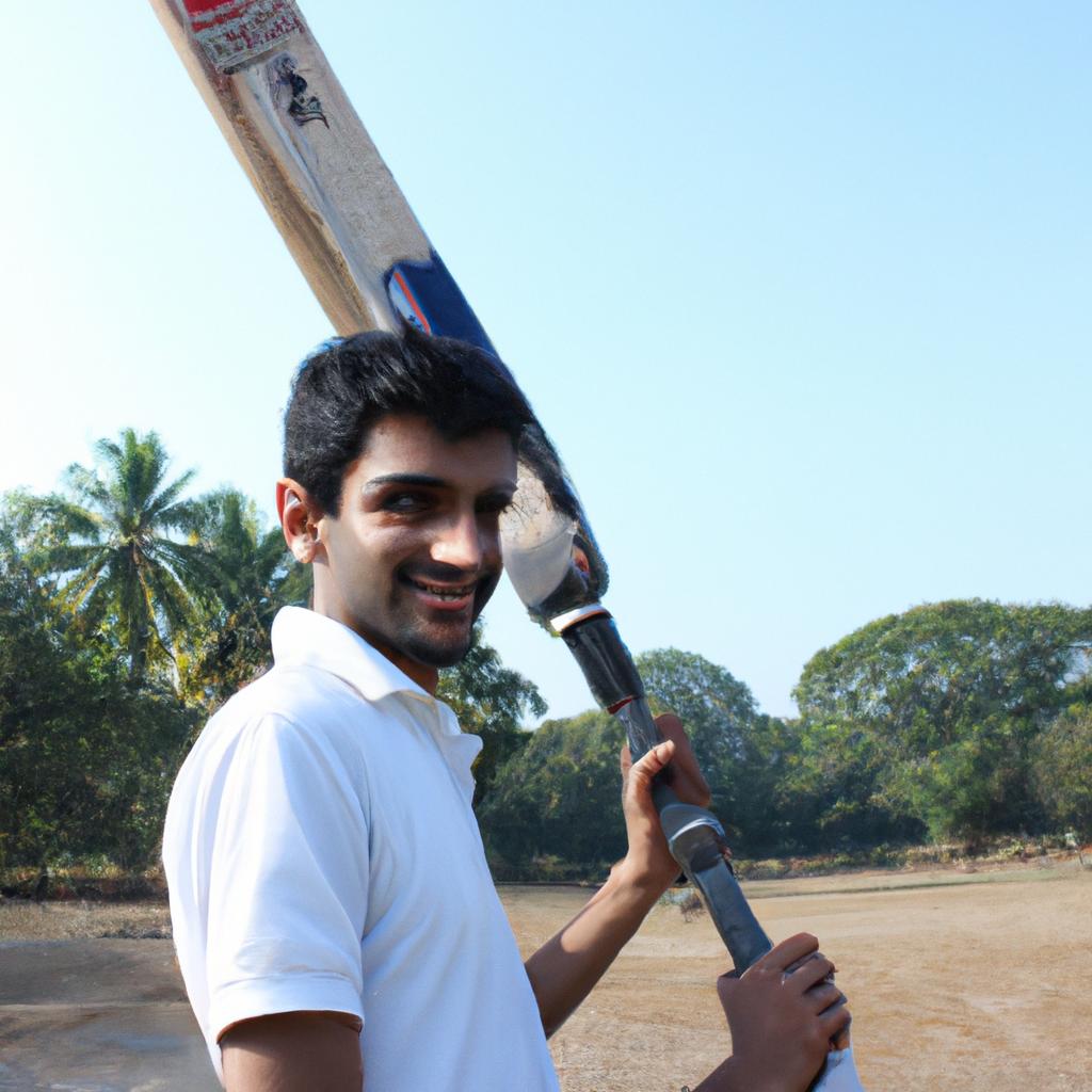 Man holding cricket bat, smiling