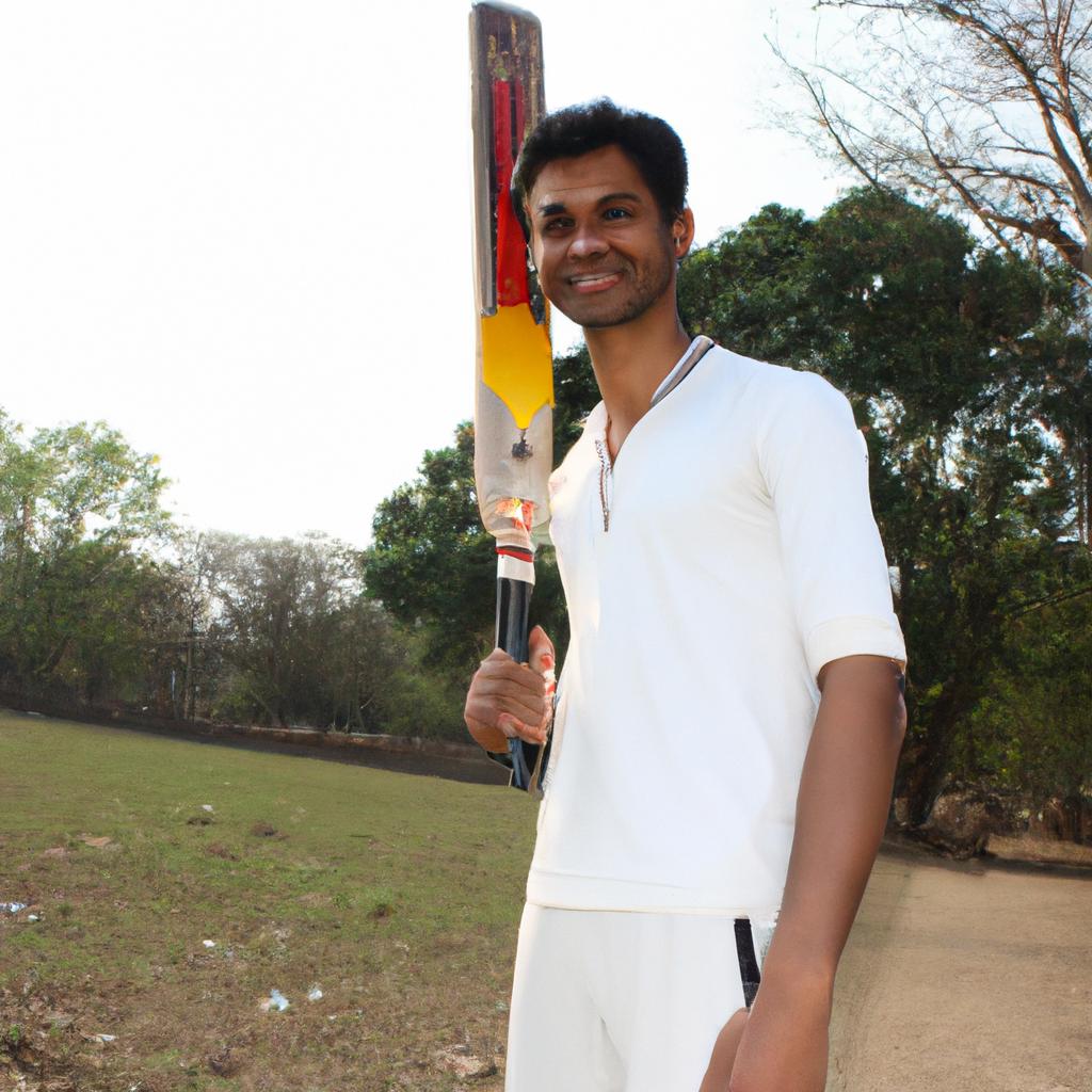 Person holding cricket bat, smiling
